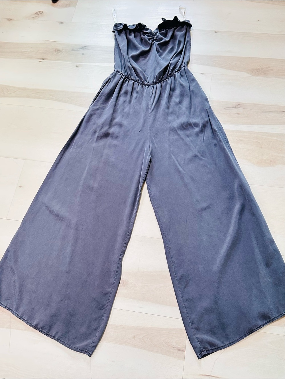 Karina Grimaldi strapless silk jumpsuit M elastic waist ruffled neckline - Picture 4 of 13
